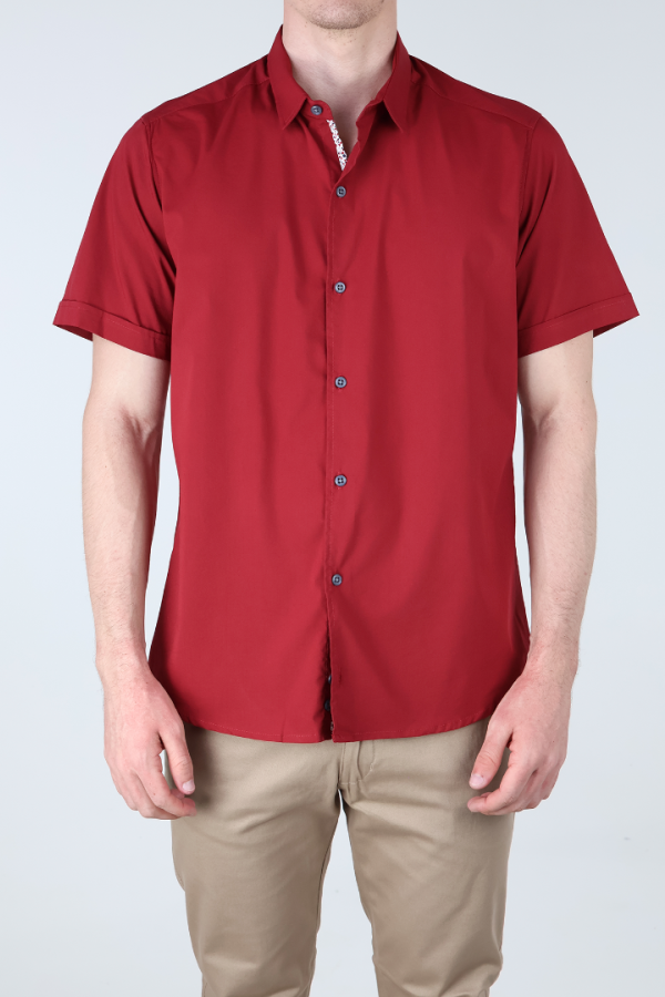 Camisa Básica Roja Slim Fit Hombre Manga Corta Lisa Casual